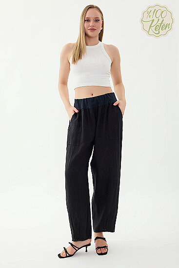 %100 Keten Paçası Pileli Cepli Pantolon - 28