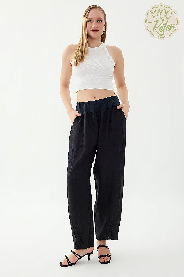 %100 Keten Paçası Pileli Cepli Pantolon - 28