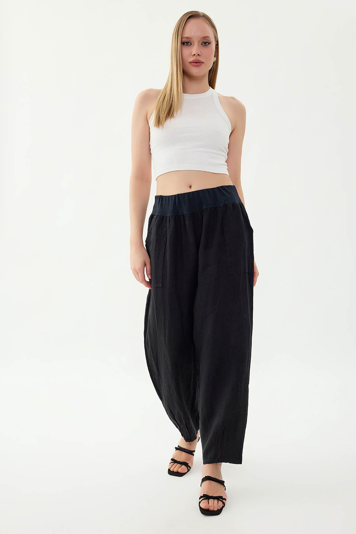 %100 Keten Paçası Pileli Cepli Pantolon - Thumbnail