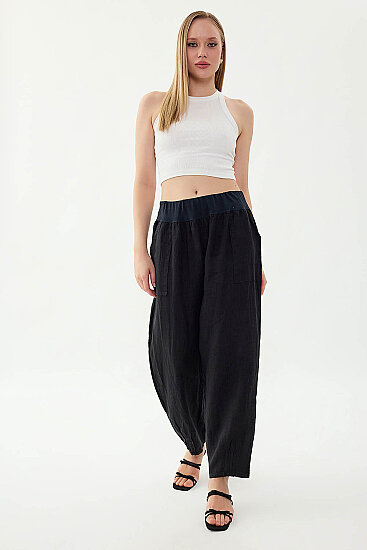 %100 Keten Paçası Pileli Cepli Pantolon - 29