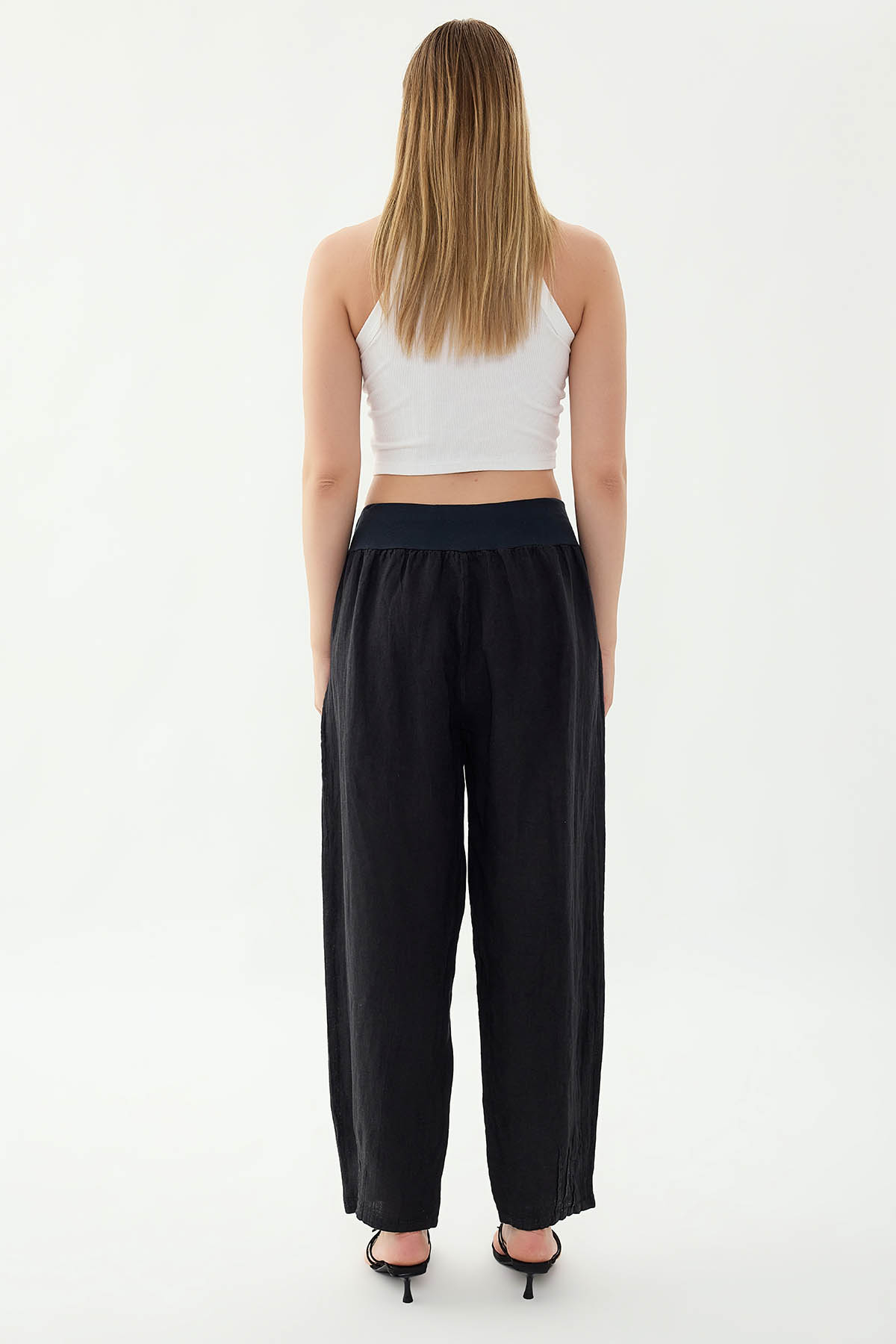 %100 Keten Paçası Pileli Cepli Pantolon - Thumbnail