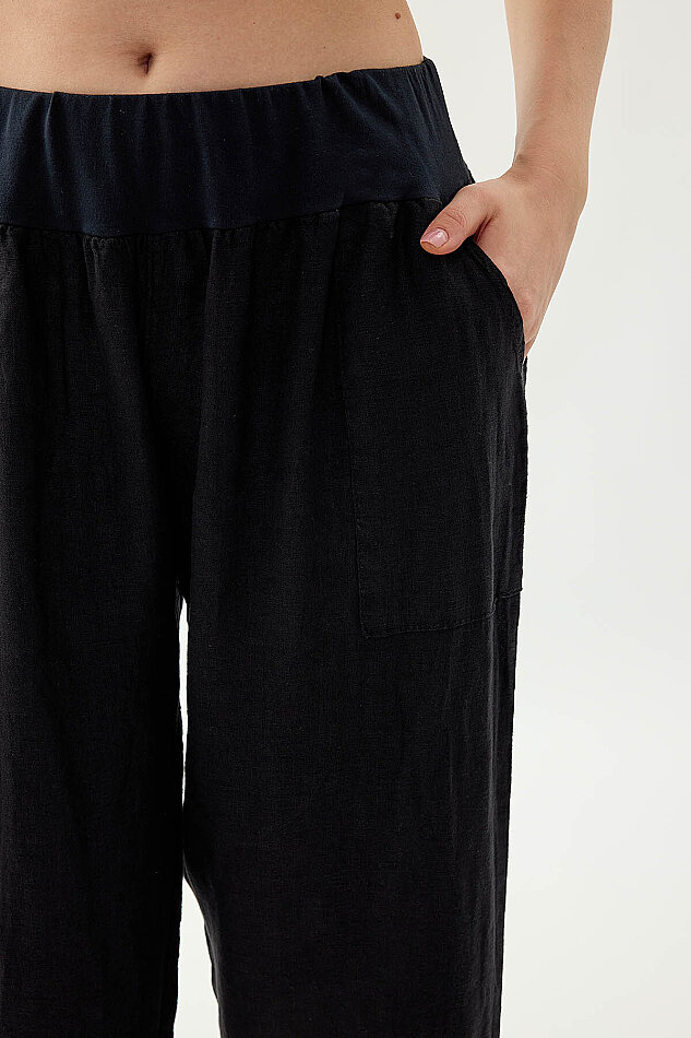 %100 Keten Paçası Pileli Cepli Pantolon - 32