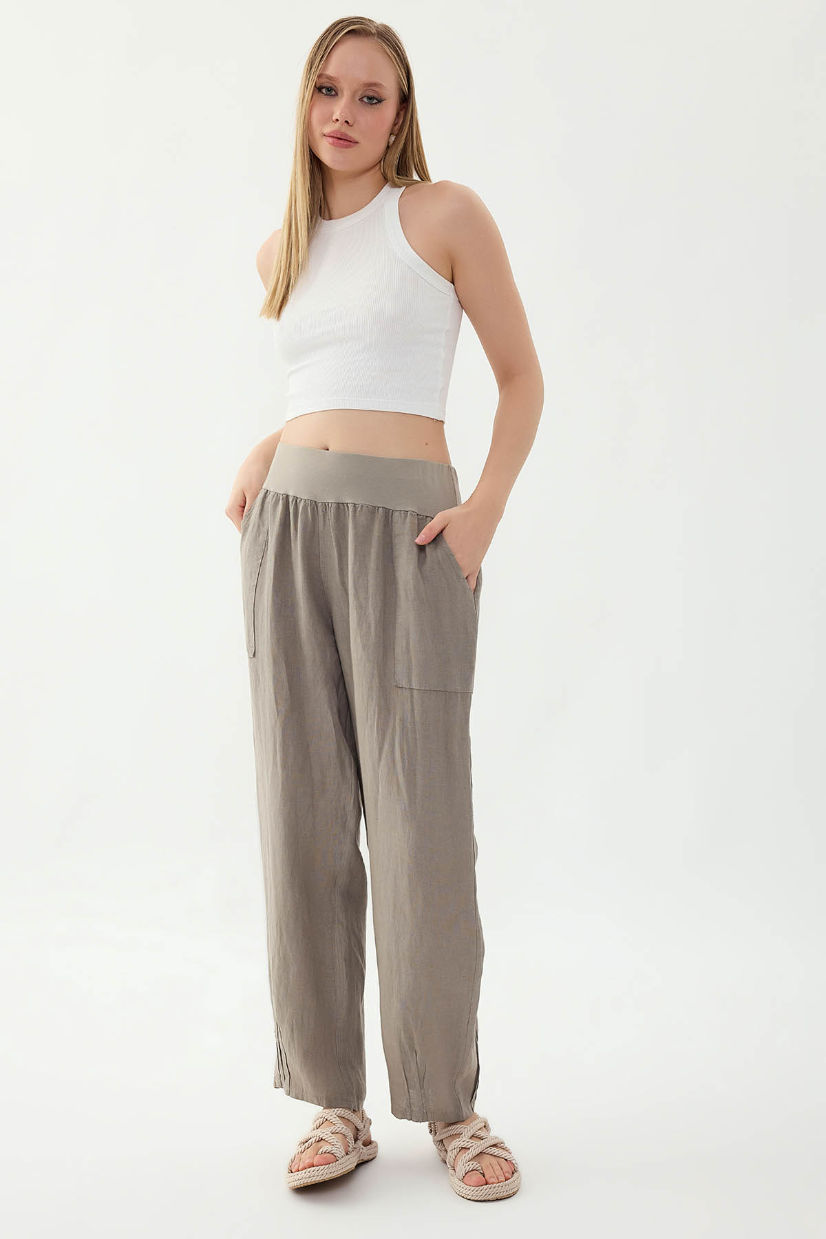 %100 Keten Paçası Pileli Cepli Pantolon - Thumbnail