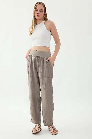 %100 Keten Paçası Pileli Cepli Pantolon - 34