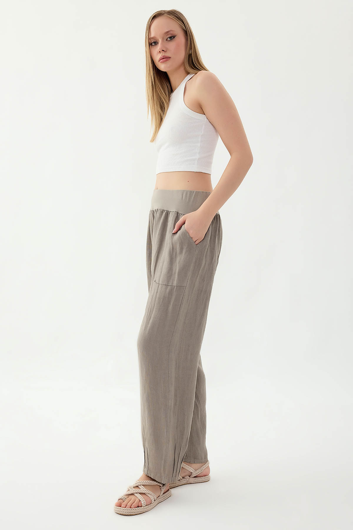 %100 Keten Paçası Pileli Cepli Pantolon - Thumbnail