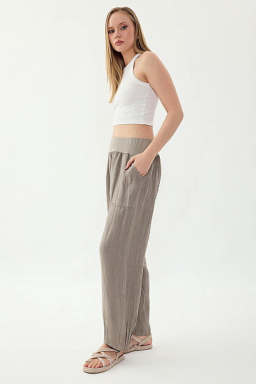 %100 Keten Paçası Pileli Cepli Pantolon - 35