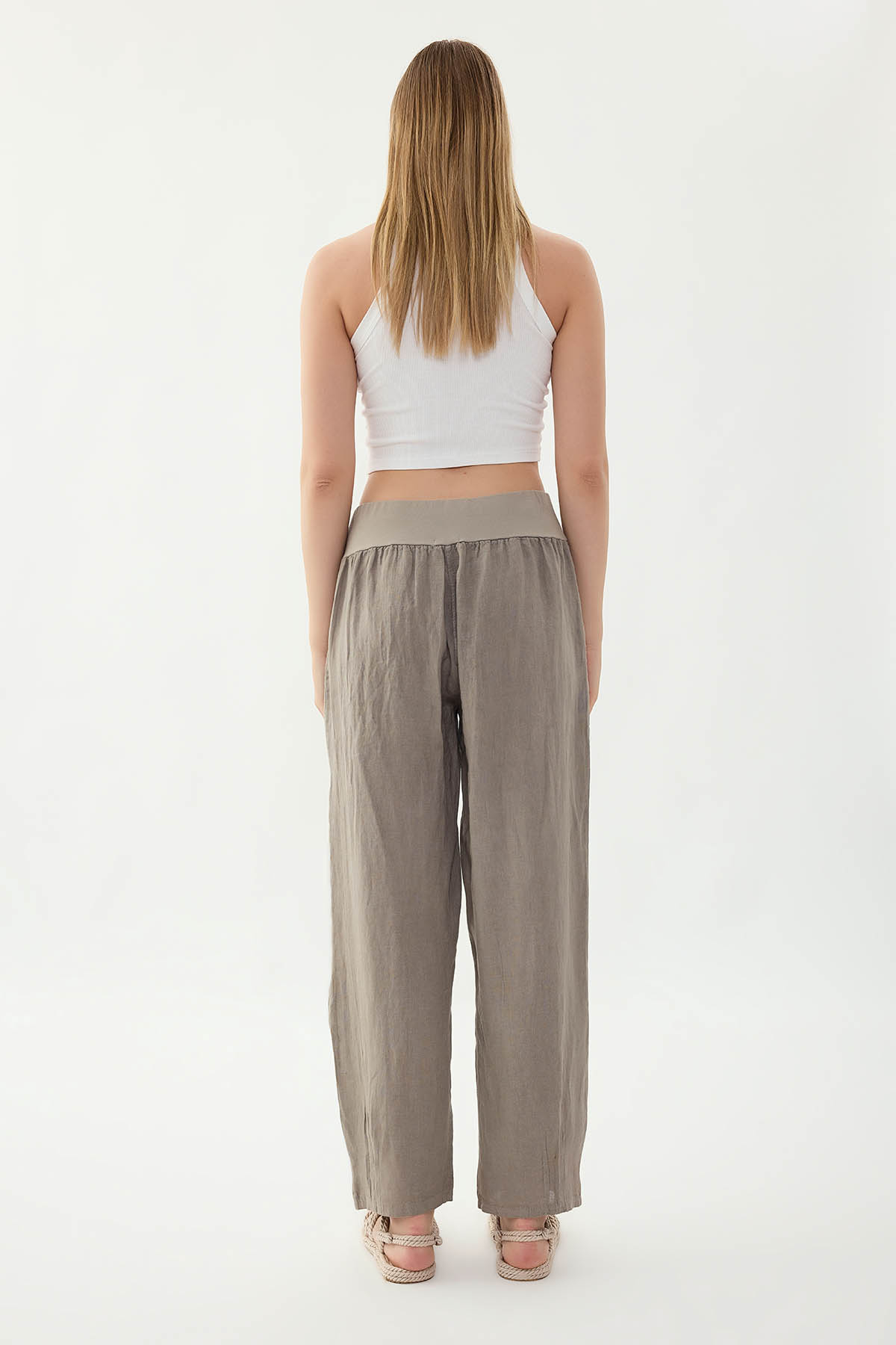 %100 Keten Paçası Pileli Cepli Pantolon - Thumbnail