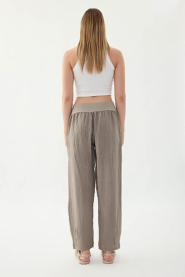 %100 Keten Paçası Pileli Cepli Pantolon - 36