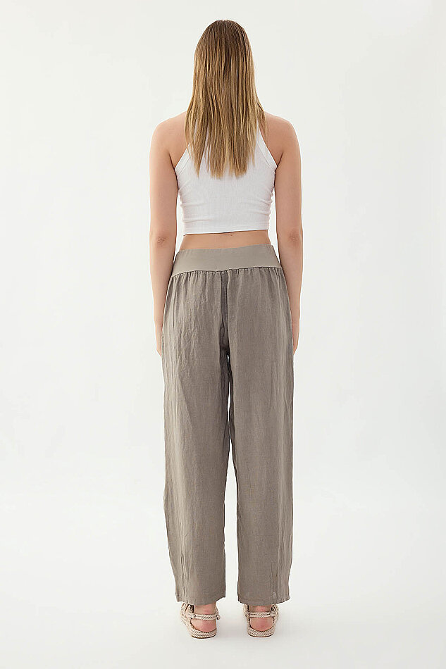 %100 Keten Paçası Pileli Cepli Pantolon - 36