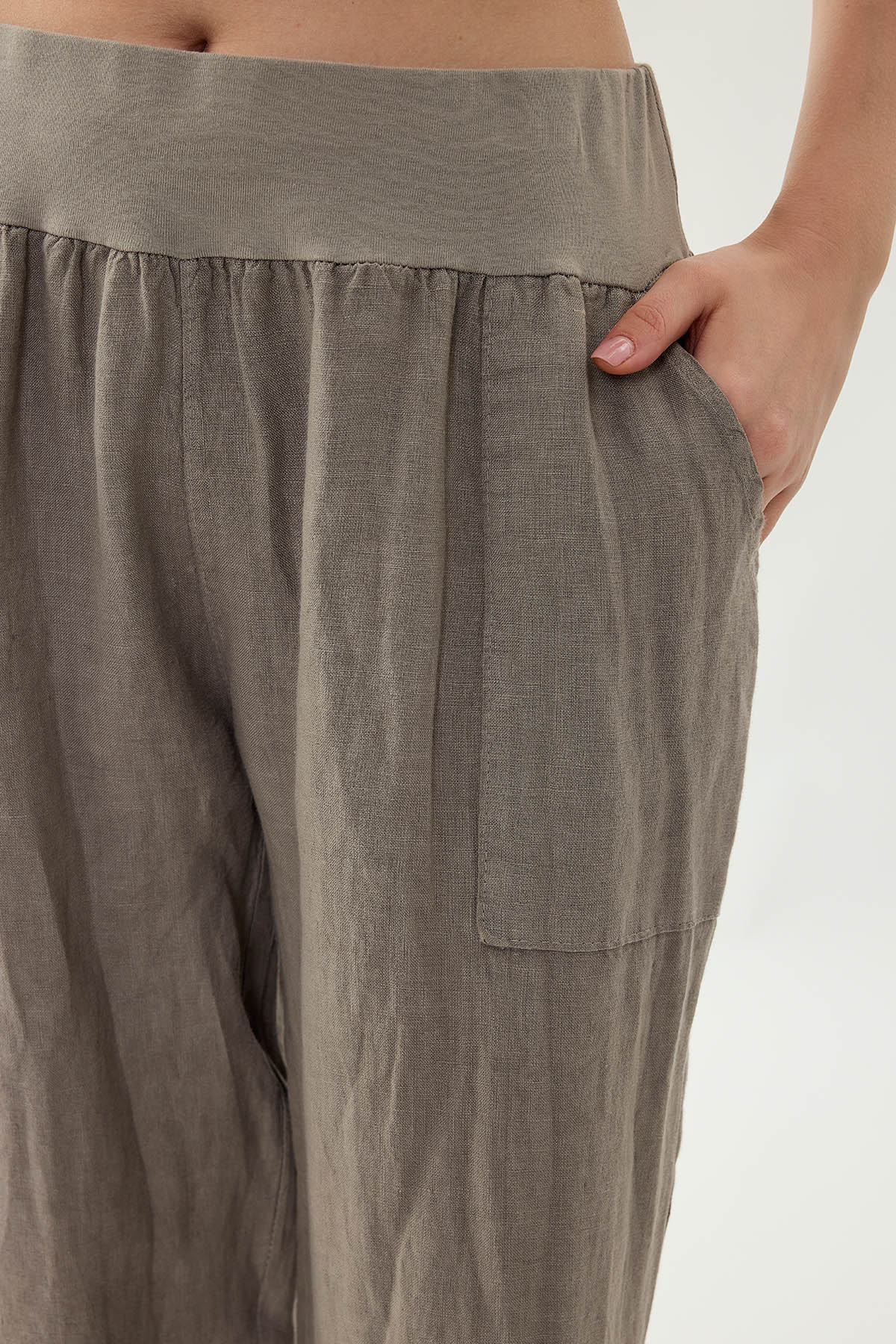 %100 Keten Paçası Pileli Cepli Pantolon - Thumbnail