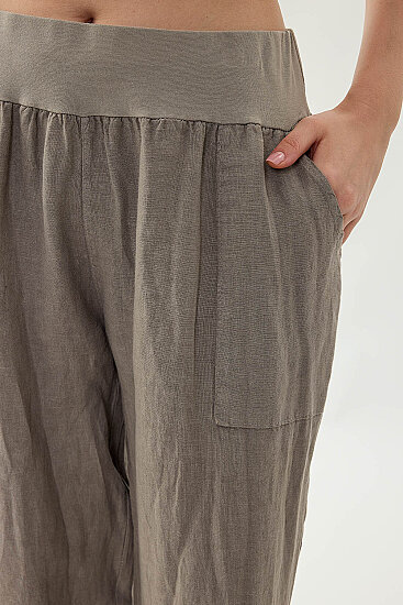 %100 Keten Paçası Pileli Cepli Pantolon - 37