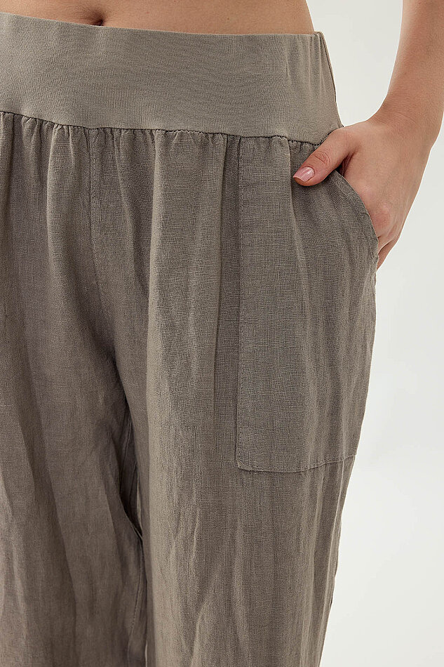 %100 Keten Paçası Pileli Cepli Pantolon - 37