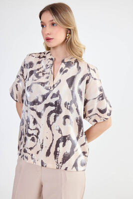 Parlak Kumaş Desenli Hakim Yaka Bluz - 3