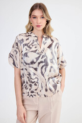 Parlak Kumaş Desenli Hakim Yaka Bluz - 4