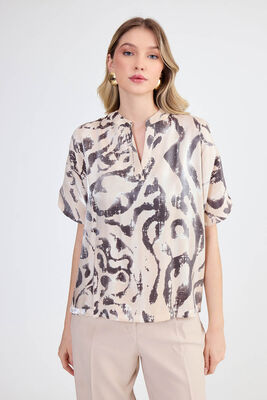 Parlak Kumaş Desenli Hakim Yaka Bluz - 8