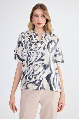 Parlak Kumaş Desenli Hakim Yaka Bluz - 9