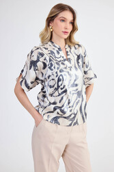 Parlak Kumaş Desenli Hakim Yaka Bluz - 14