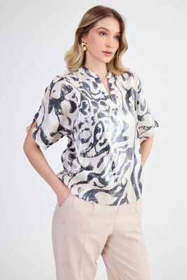 Parlak Kumaş Desenli Hakim Yaka Bluz - 14