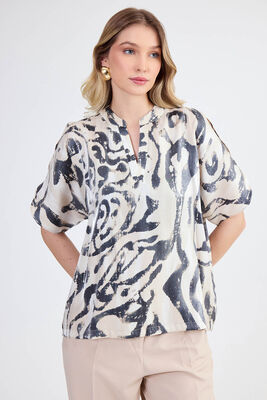 Parlak Kumaş Desenli Hakim Yaka Bluz - 16