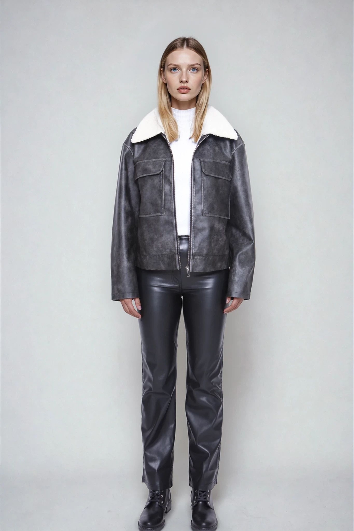 Peluş Yaka Kapak Cepli Suni Deri Biker Ceket - Thumbnail