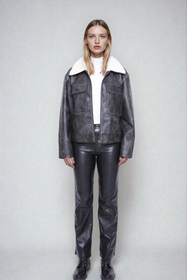 Kürk Yaka Cepli Suni Deri Biker Ceket - 2