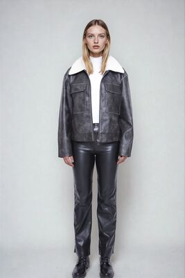 Kürk Yaka Cepli Suni Deri Biker Ceket (1)