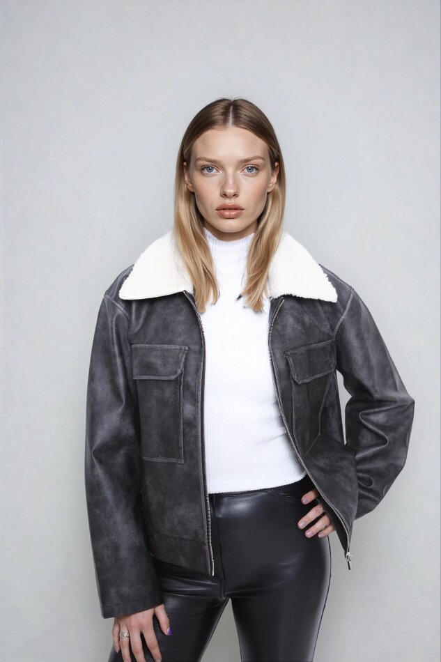 Kürk Yaka Cepli Suni Deri Biker Ceket - 3