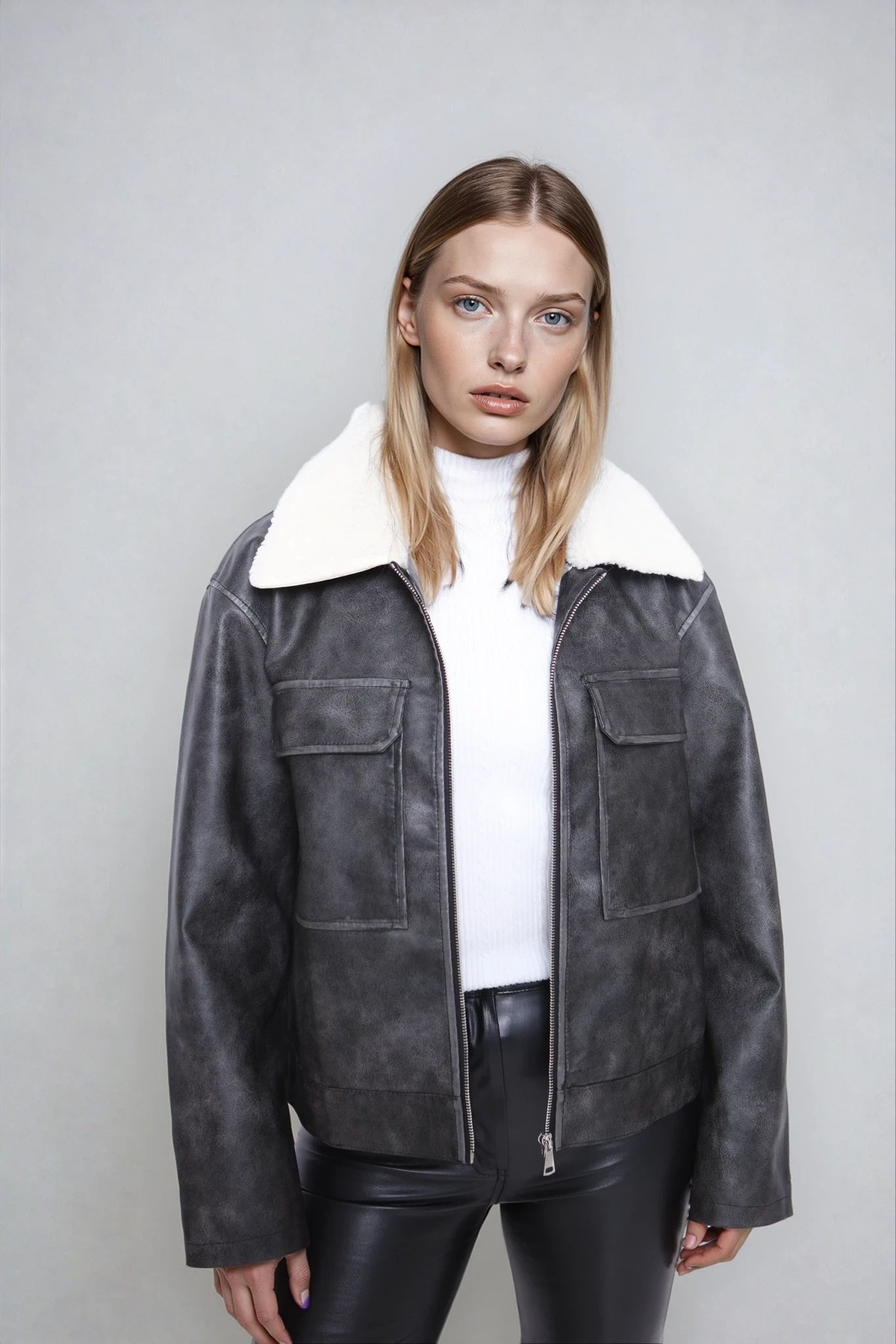 Peluş Yaka Kapak Cepli Suni Deri Biker Ceket - Thumbnail