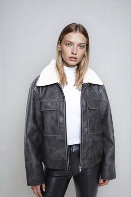 Kürk Yaka Cepli Suni Deri Biker Ceket