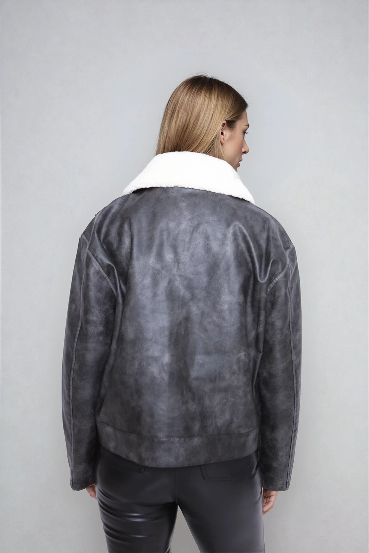 Peluş Yaka Kapak Cepli Suni Deri Biker Ceket - Thumbnail