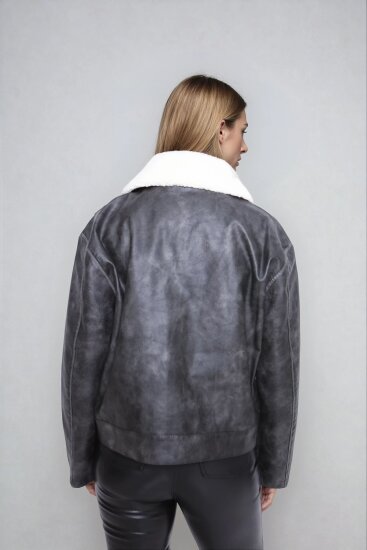 Kürk Yaka Cepli Suni Deri Biker Ceket - 4