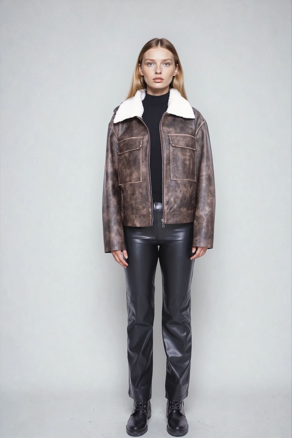 Peluş Yaka Kapak Cepli Suni Deri Biker Ceket - Thumbnail