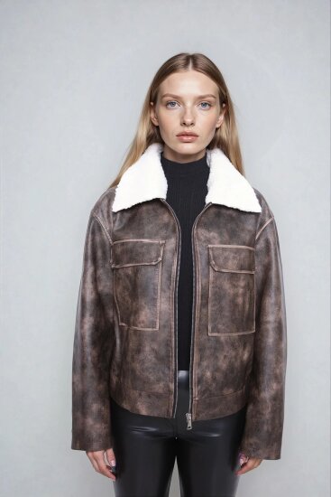 Kürk Yaka Cepli Suni Deri Biker Ceket - 7