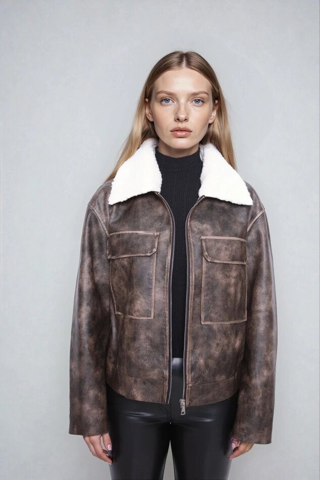 Kürk Yaka Cepli Suni Deri Biker Ceket - 7