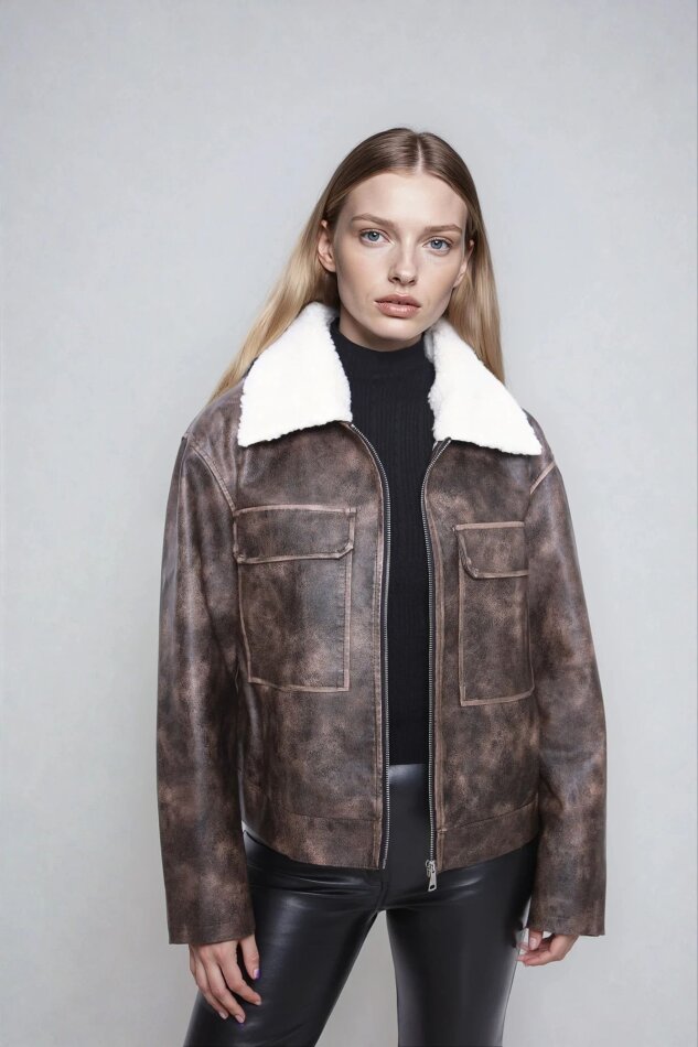 Kürk Yaka Cepli Suni Deri Biker Ceket - 5