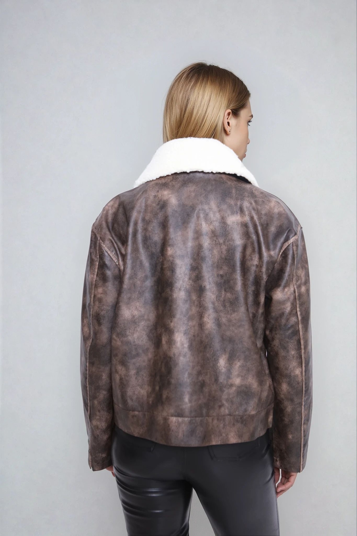 Peluş Yaka Kapak Cepli Suni Deri Biker Ceket - Thumbnail