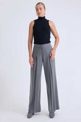 Pileli Geniş Paça Pantolon - Thumbnail (12)