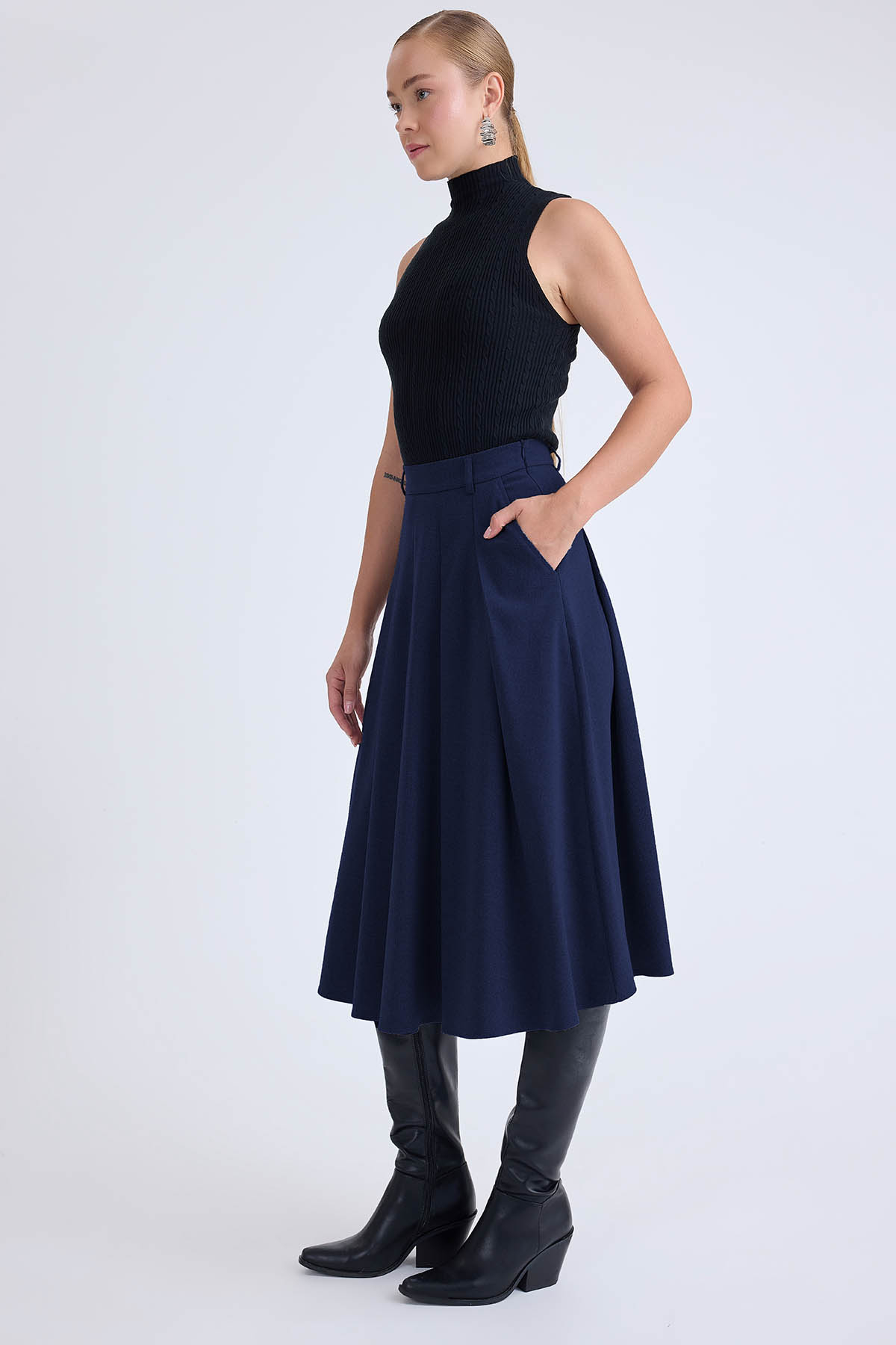 Pileli Midi Boy Cepli Etek - Thumbnail