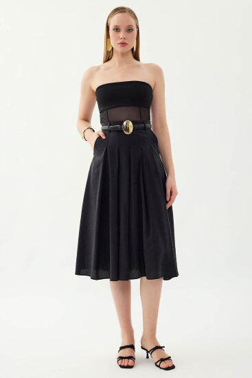 Piliseli Cepli Midi Etek