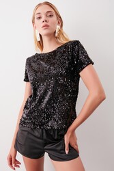 Pul Payetli Kısa Kol Bluz - 4