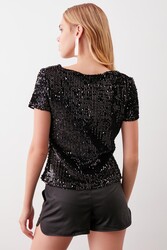 Pul Payetli Kısa Kol Bluz - 5