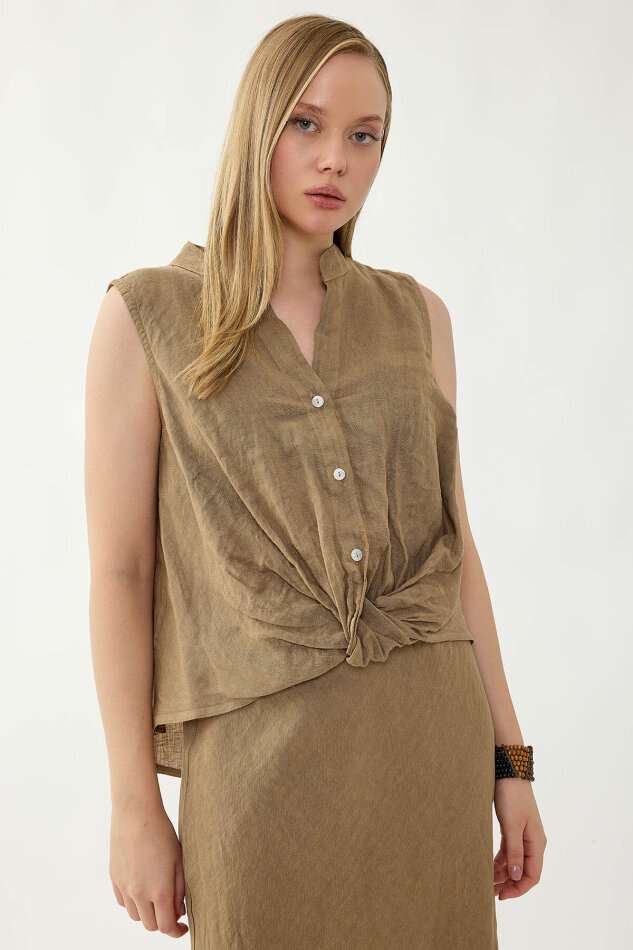 %100 Keten Sedef Düğme Önü Büzgülü Bluz - 13