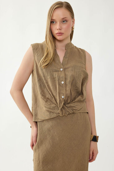 %100 Keten Sedef Düğme Önü Büzgülü Bluz - 14