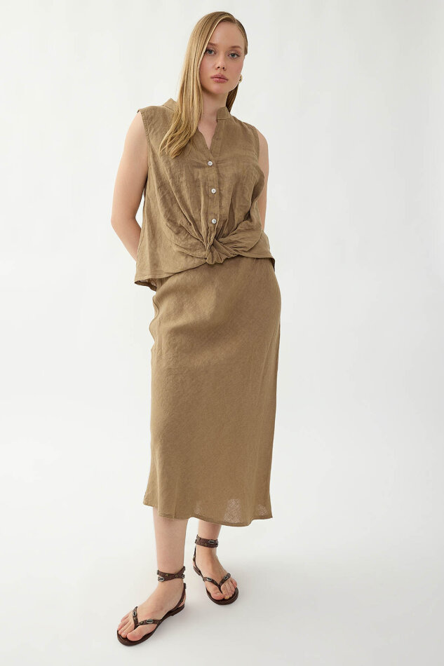 %100 Keten Sedef Düğme Önü Büzgülü Bluz - 12