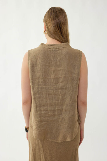 %100 Keten Sedef Düğme Önü Büzgülü Bluz - 15