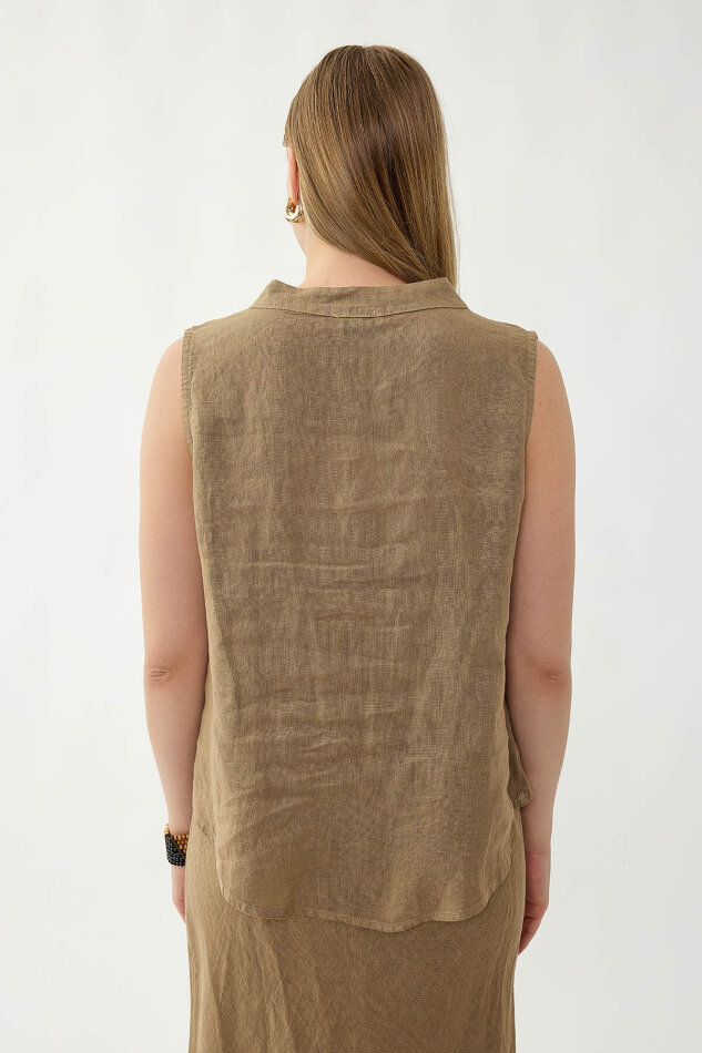 %100 Keten Sedef Düğme Önü Büzgülü Bluz - 15