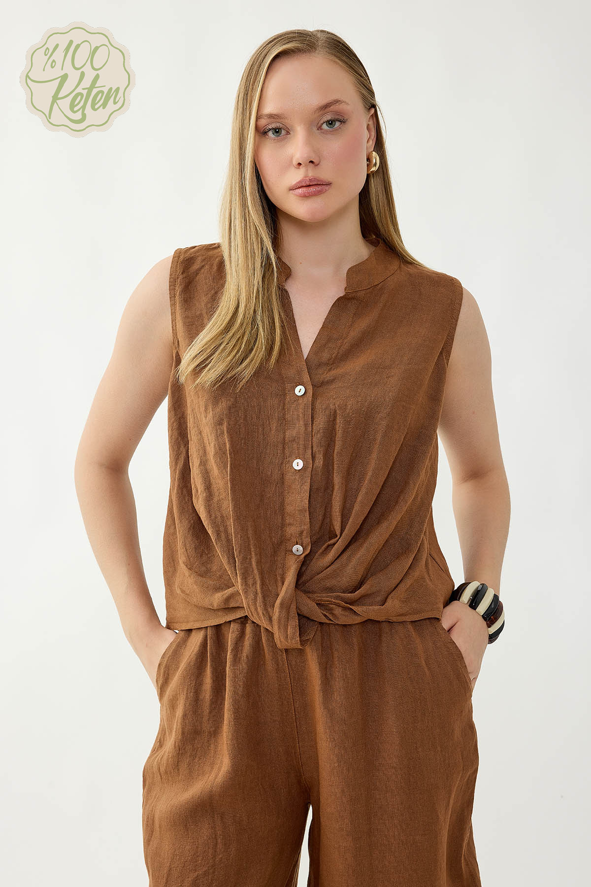 %100 Keten Sedef Düğme Önü Büzgülü Bluz - Thumbnail