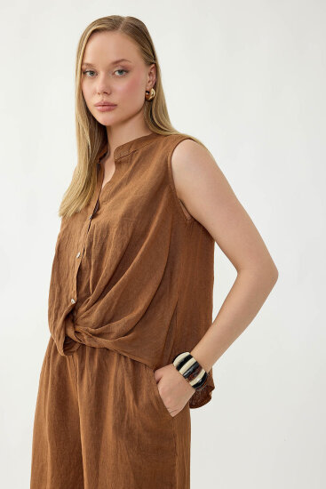 %100 Keten Sedef Düğme Önü Büzgülü Bluz - 9