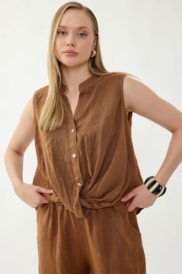 %100 Keten Sedef Düğme Önü Büzgülü Bluz - 7