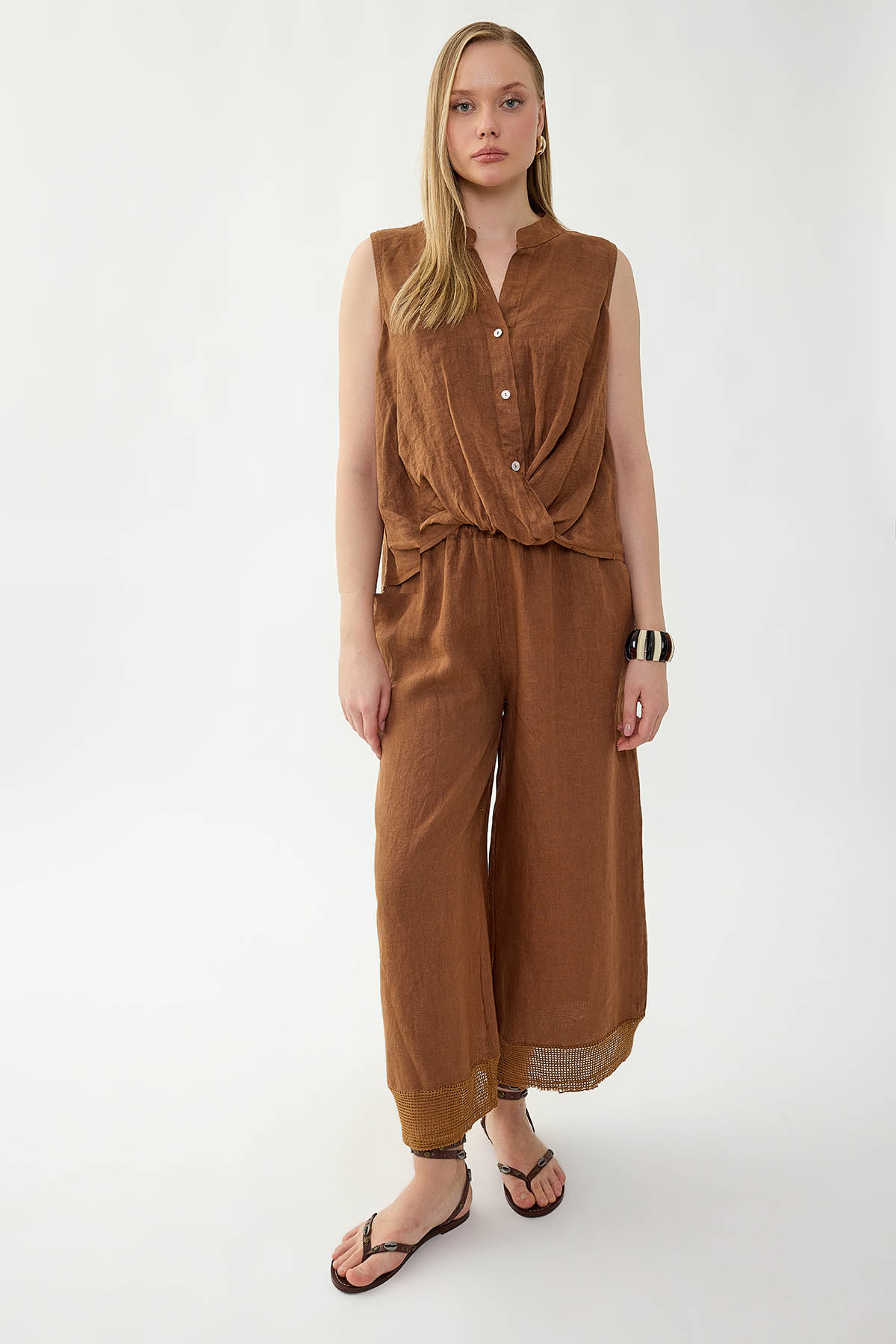 %100 Keten Sedef Düğme Önü Büzgülü Bluz - Thumbnail